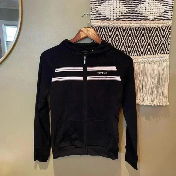 Y2K BCBGMaxAzria BLACK ZIP UP HOODIE WITH STRIPES - Picture 1 of 4